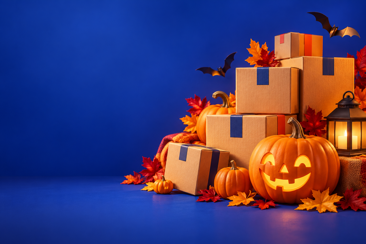 Cajas de envío acompañadas de calabazas de Halloween y hojas de otoño